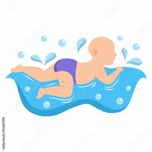 Small child learns to swim in pool. Infant swimming.
