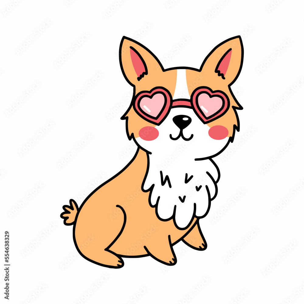 Cute corgi dog with glasses. Puppy in love. Hand drawn illustration. Sticker for Valentine's Day. Postcard decor element. Cute corgi dog with glasses. Puppy in love. Hand drawn illustration. Sticker for Valentine's Day. Postcard decor element.