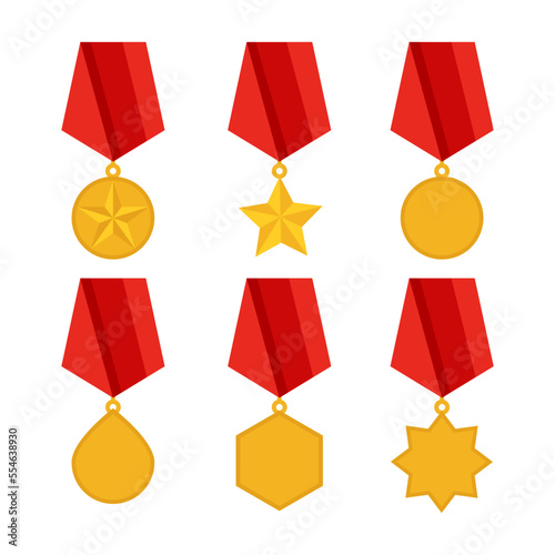 Military medals of different shapes vector illustrations set. Collection of cartoon drawings of gold medallions with red ribbons isolated on white background. Reward, army, achievement concept