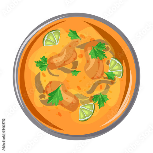 Thai food on plate. Vector illustration of spicy Asian traditional dishes. Cartoon top view of sticky mango rice, curry with shrimp and salad isolated on white. Cuisine concept