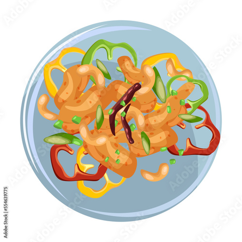 Thai food on plate. Illustration of spicy Asian traditional dishes. Cartoon top view of sticky mango rice, curry with shrimp and salad isolated on white. Cuisine of Thailand concept