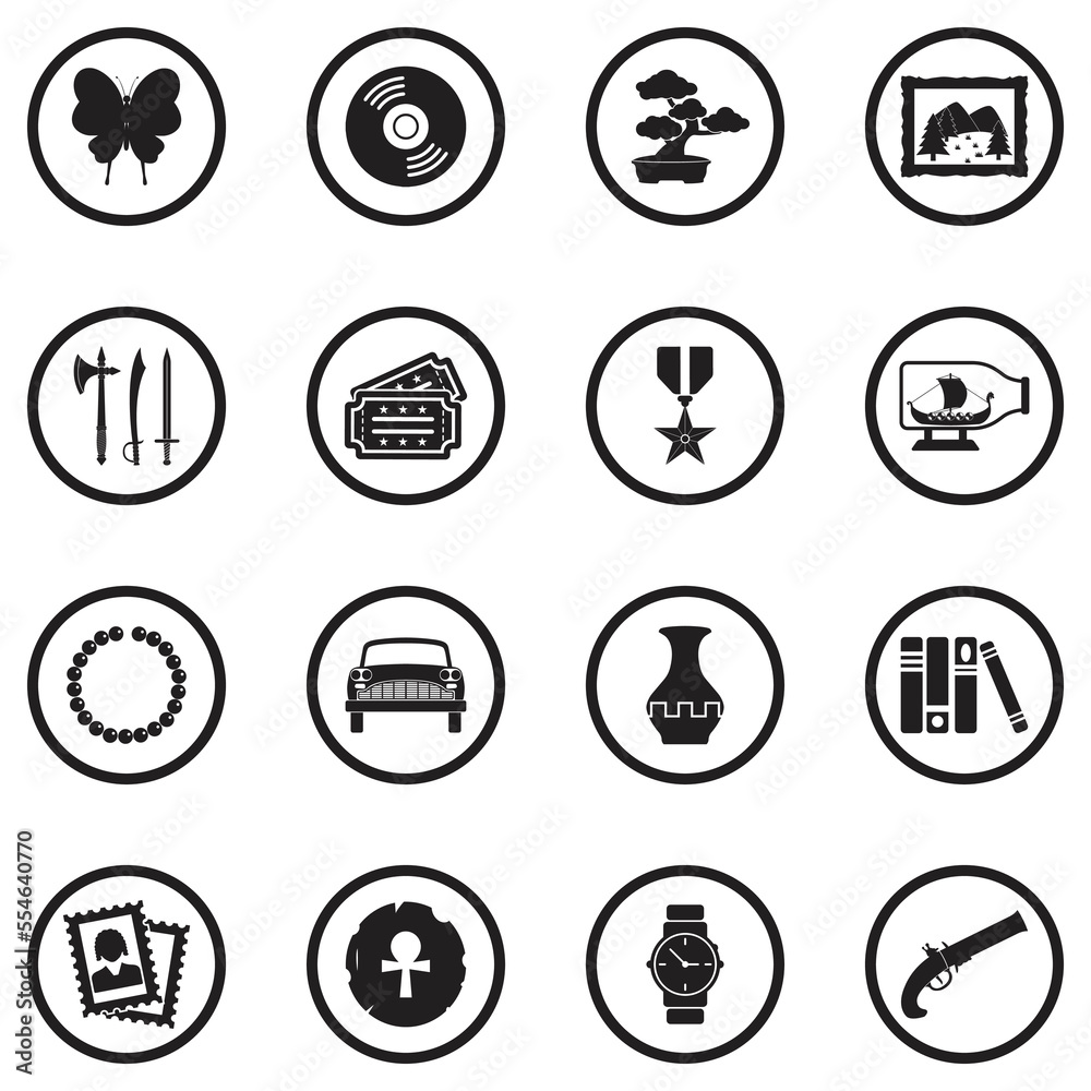 Collecting And Hobby Icons. Black Flat Design In Circle. Vector Illustration. Collecting And Hobby Icons. Black Flat Design In Circle. Vector Illustration.