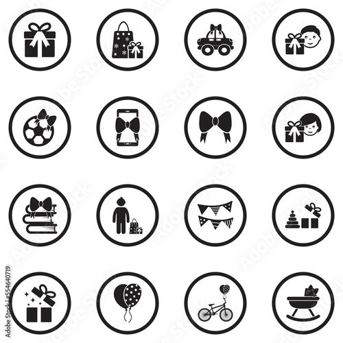 Child Gift Icons. Black Flat Design In Circle. Vector Illustration.