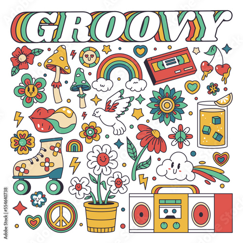 Hippie retro stickers. Groovy flowers, rainbows and mushrooms, psychedelic hippie badges flat cartoon vector symbols illustration set. Funny stickers collection