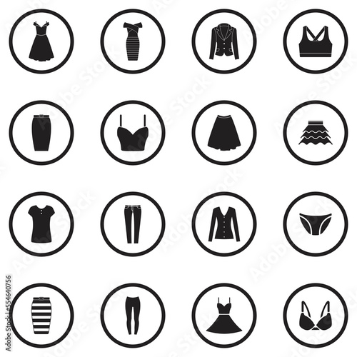 Clothing and Dress Icons. Black Flat Design In Circle. Vector Illustration.