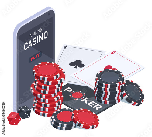 Isometric online poker game. Gambling mobile app, online casino with cards, dice and chips, internet poker game vector illustration isolated on white background