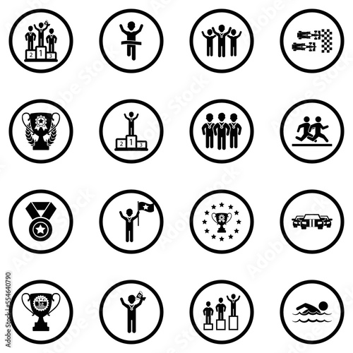 Competition Icons. Black Flat Design In Circle. Vector Illustration.