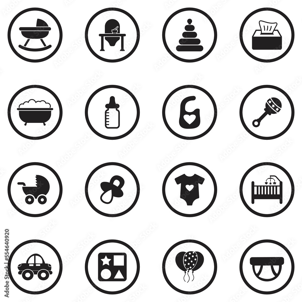 Baby Stuff Icons. Black Flat Design In Circle. Vector Illustration. Baby Stuff Icons. Black Flat Design In Circle. Vector Illustration.