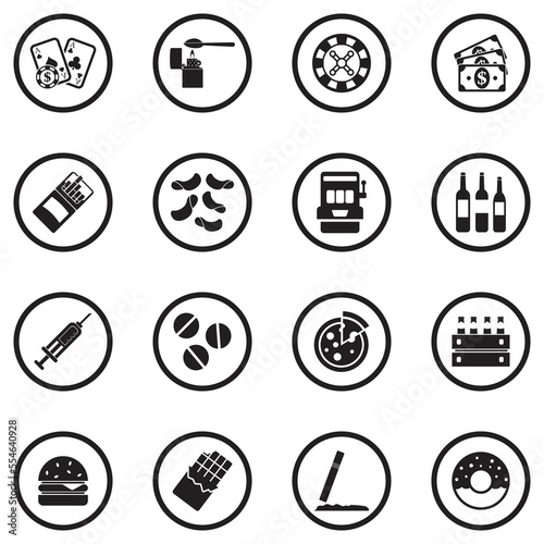 Bad Habits Icons. Black Flat Design In Circle. Vector Illustration.