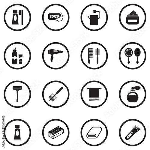 Bathroom Accessories Icons. Black Flat Design In Circle. Vector Illustration.