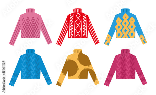 Colorful woolen or knitted sweaters vector illustrations set. Collection of cartoon drawings of warm jumpers for winter isolated on white background. Seasons, fashion concept