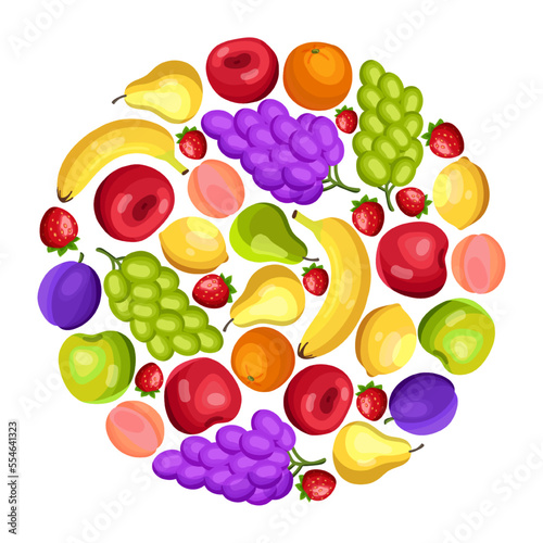 Circular pattern with different fruits vector illustrations set. Collection of cartoon drawings of grapes  bananas  apples  strawberries  lemons  pears on white background. Nature  food  diet concept