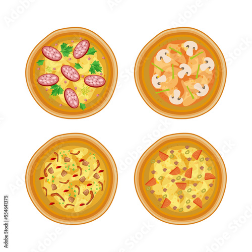 Tasty pizzas with different ingredients vector illustrations set. Top view of pizzas with different toppings, salami, meat, mushrooms isolated on white background. Fast food, diet concept