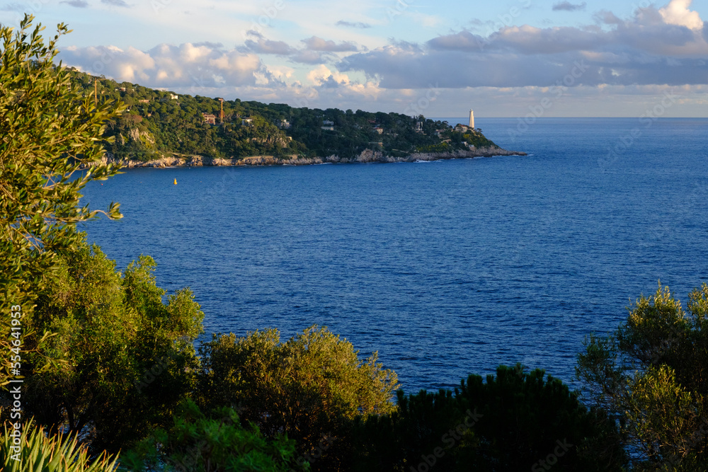 
Scenery, the coast of the sea and the lighthouse from the mountains. Panoramic view of the sea coastline, Nice, France.