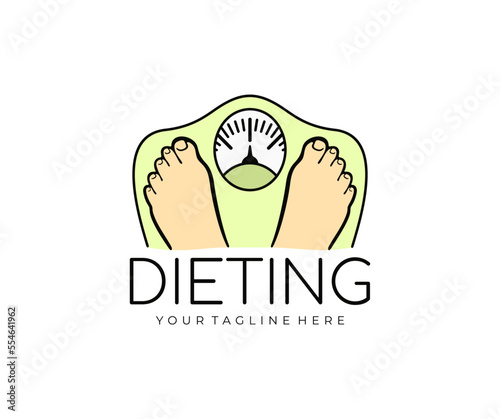 Feet are on the scales, weighing, weight loss, diet and health, logo design. Medicine, gym, healthy food, fitness and sports, vector design and illustration