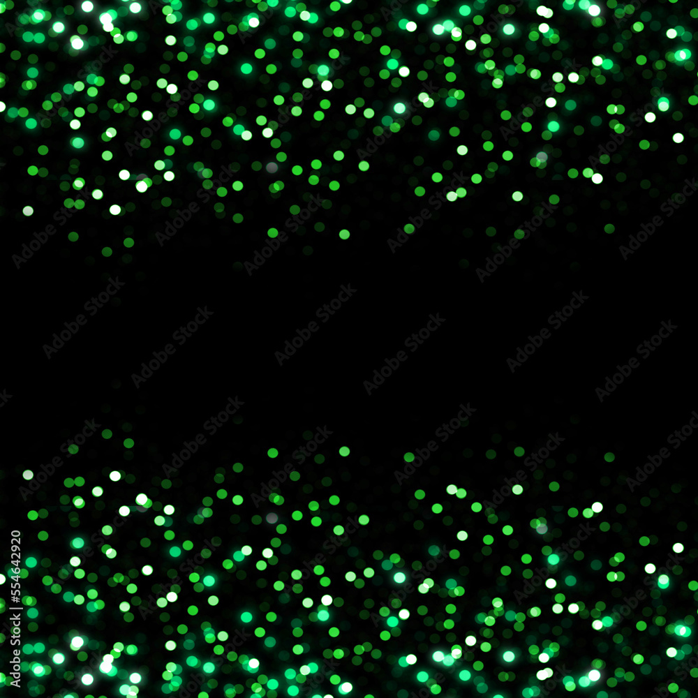 Green emerald abstract bokeh covered with blurred shiny particles on top side as decorative cover on black background Green emerald abstract bokeh covered with blurred shiny particles on top side as decorative cover on black background