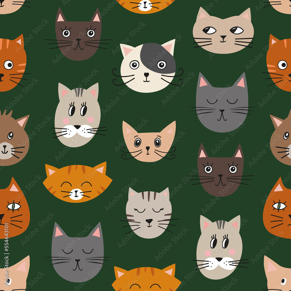 Cute cat  faces seamless pattern,  Childish cartoon cats print, Trendy feline  flat design, Pet repeat wallpaper,  Cat illustration background
