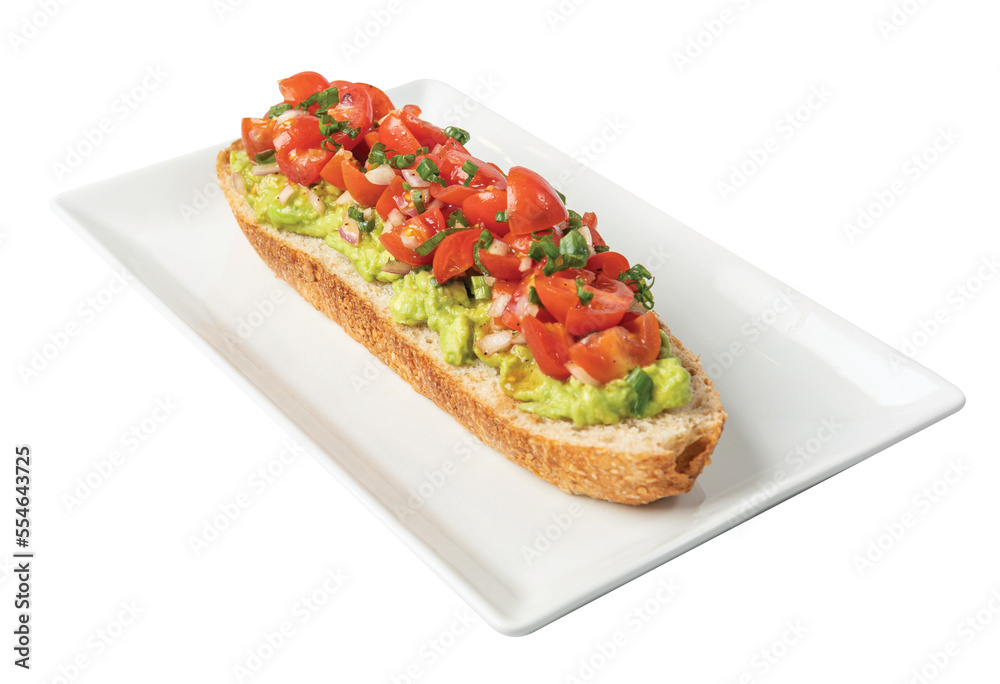 Png Open faced sandwiches with avocado spread, sunflower kernels, slices of tomato and diced chives, laid out on a white serving platter.