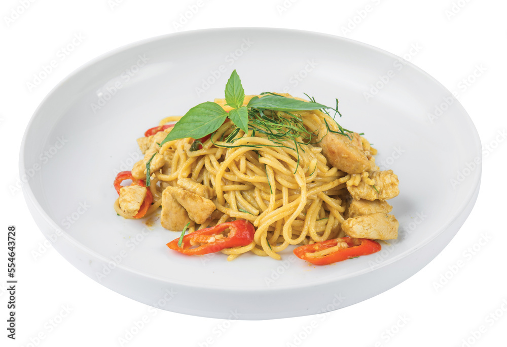 Png Green curry spaghetti with chicken in a white plate placed Png Green curry spaghetti with chicken in a white plate placed