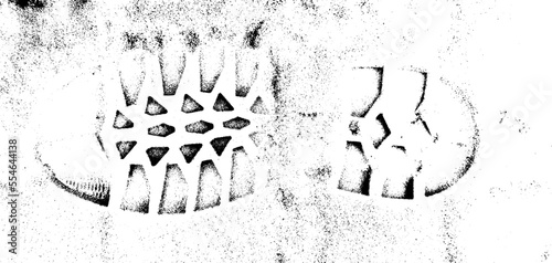 Vector print texture. Boot print, silhouette in the snow. Abstract distressed uneven gradient background. Design element. Dirt splash grunge texture