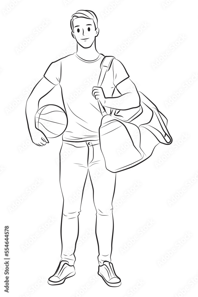 full length casual young man with basketball outline cartoon illustration