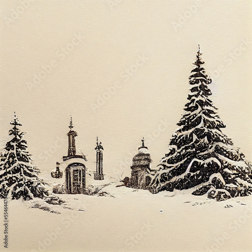 Christmas Tree Winter Wintry Snow Landscape Drawing Sketch Vintage Card Victorian 19th Century Style Generative AI Tools Technology illustration