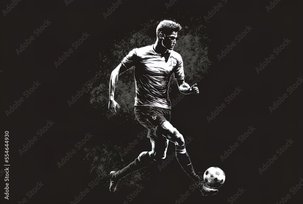 Man playing football on a black backdrop, isolated. a based image. Generative AI Man playing football on a black backdrop, isolated. a based image. Generative AI