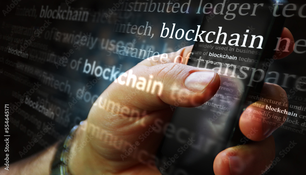 Blockchain news titles on screen in hand with 3d illustration Blockchain news titles on screen in hand with 3d illustration