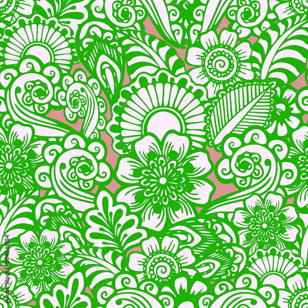 seamless floral yellow-pink pattern of stylized elements with green outline, texture, design seamless floral yellow-pink pattern of stylized elements with green outline, texture, design