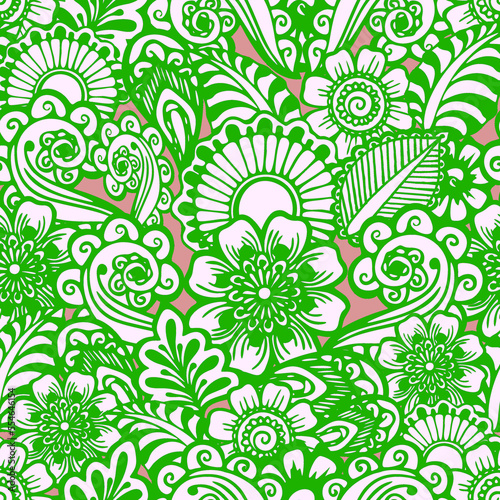 seamless floral yellow-pink pattern of stylized elements with green outline, texture, design