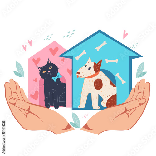 Animals shelter and medical care, Donation, volunteering for homeless animals. Pets care and adoption, shelter emblem or logo design banner, flat vector illustration isolated on white.