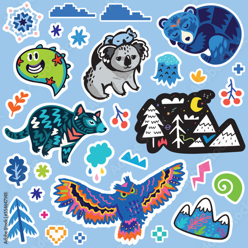 Collection of blue stickers. Fantasy cartoon animals and creatures vector illustration © penguin_house