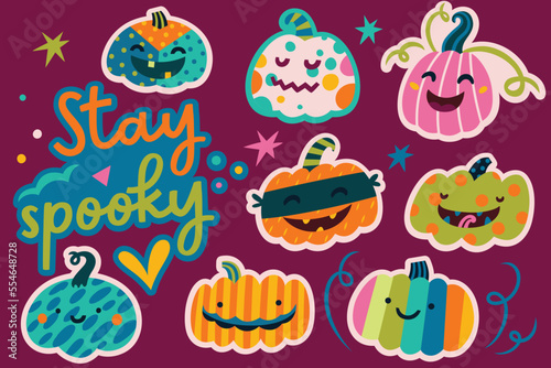 Stay spooky sticker set. 8 funny pumpkin faces in cartoon style