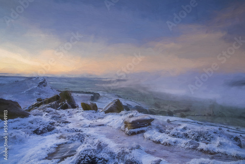 Digital oil painting of a winter sunrise cloud inversion, and snow at The Roaches, Staffordshire