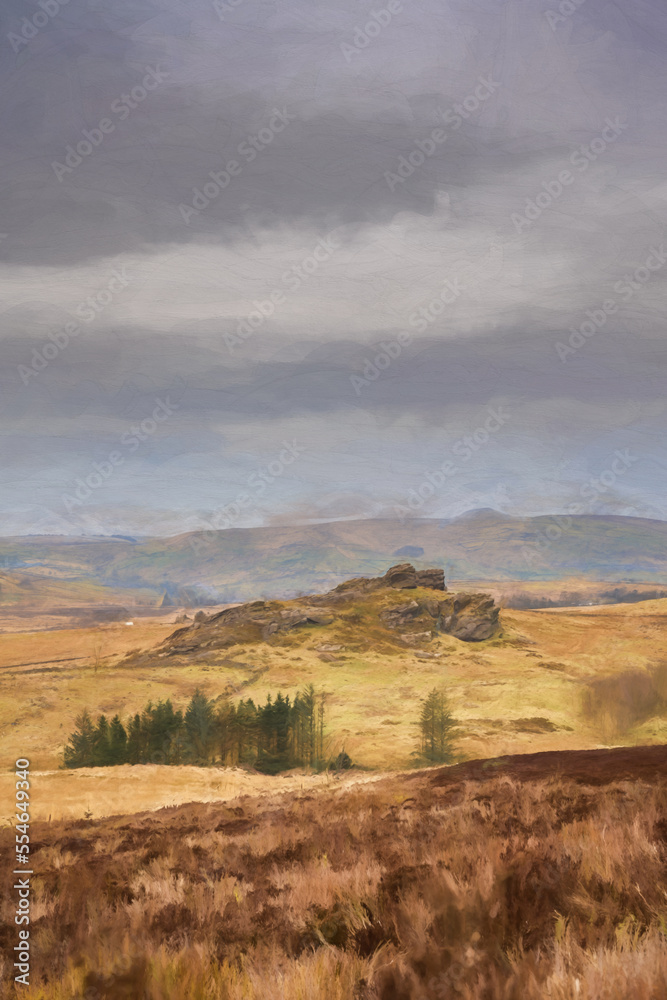 Fototapeta premium Digital oil painting of bleak winter panoramic view of Baldstone, and Gib Torr in the Peak District National Park.