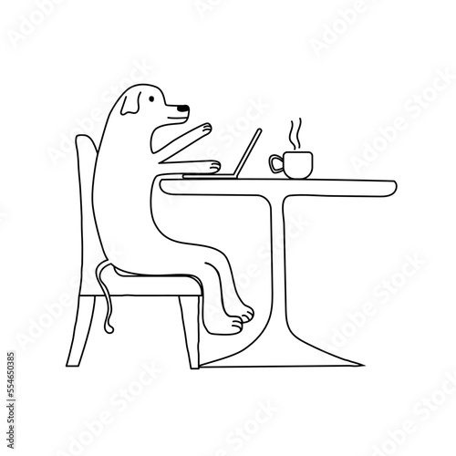 The dog sits at the table and works in a laptop