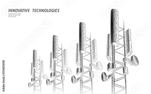 3d base station receiver. telecommunication tower 5g polygonal design global connection information transmitter. Mobile radio antenna cellular vector illustration