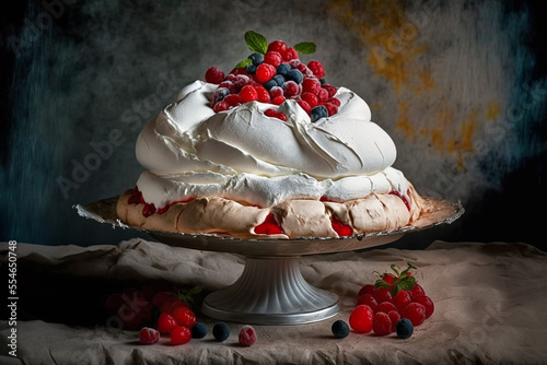 A large pavlova decorated with various berries.  Generative ai art photo