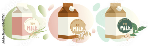 Vegetable, pLant milk in, color stickers set for packaging design. Soja, oat, rice veggie drink. Hand drawn lettering. Dairy free product. Vector illustration, print, emblem.