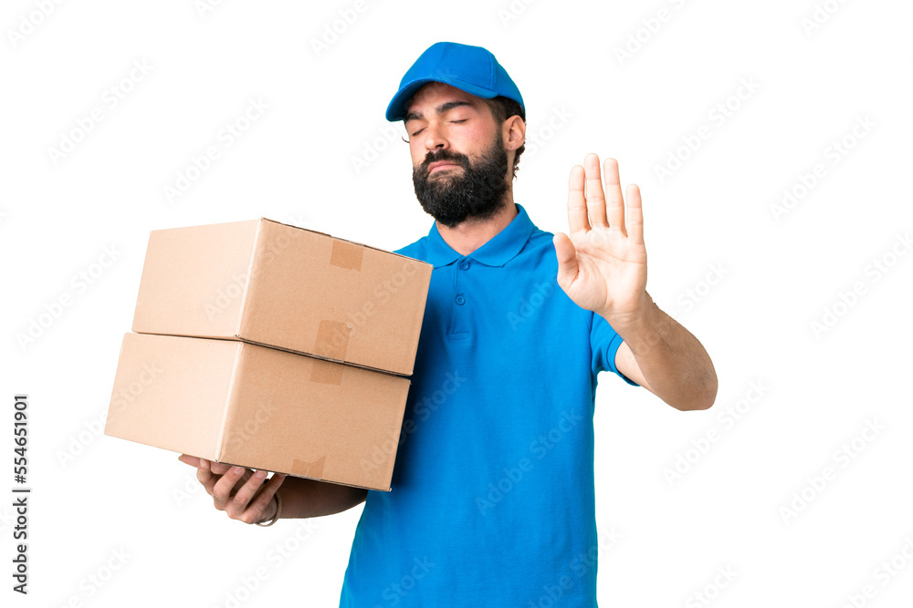 Delivery caucasian man over isolated chroma key background making stop gesture and disappointed Delivery caucasian man over isolated chroma key background making stop gesture and disappointed