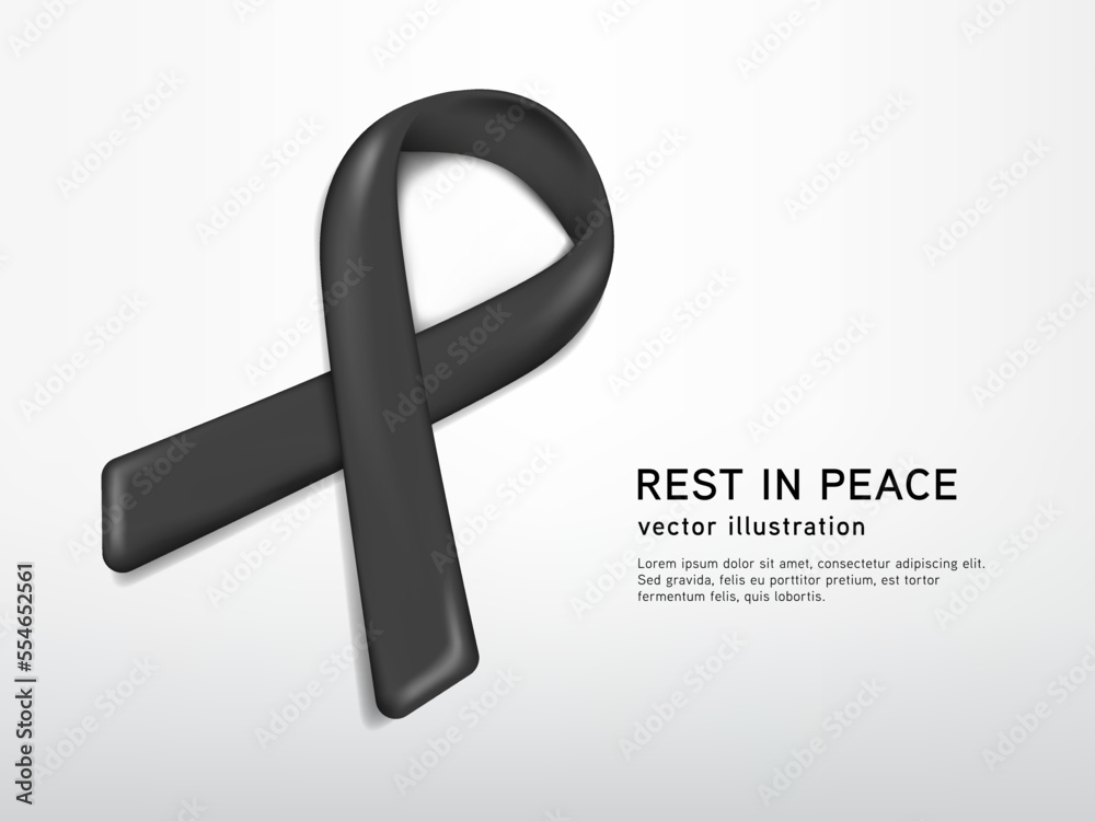 Obraz premium 3d glossy black ribbon in the rest in peace. 3d illustration vector symbol. RIP black ribbon element.