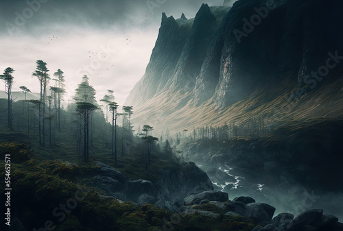 A Scandinavian mountain's woodland is shrouded in mist. Generative AI