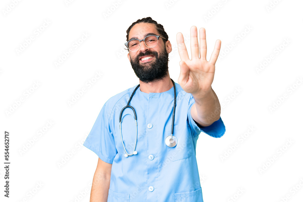 Young doctor man over isolated chroma key background happy and counting four with fingers Young doctor man over isolated chroma key background happy and counting four with fingers