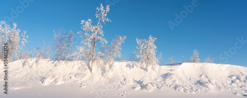 A Winters Wonderland with Heavy Snow and Frost on trees  in rural mountain scenes