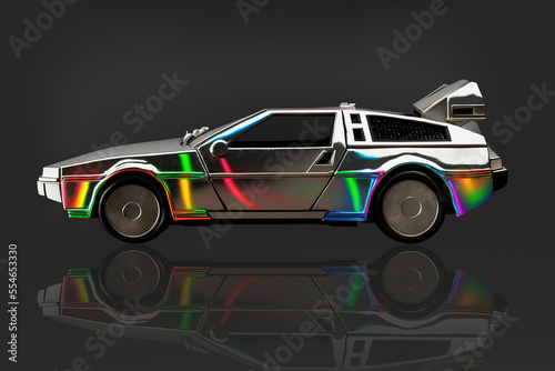 Silver car with neon irridescent reflections, black background. 3D render, generative AI photo