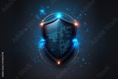 Antivirus, cyber protection against viral threats. Digital shield on a blue background with internet connections and data transfers.