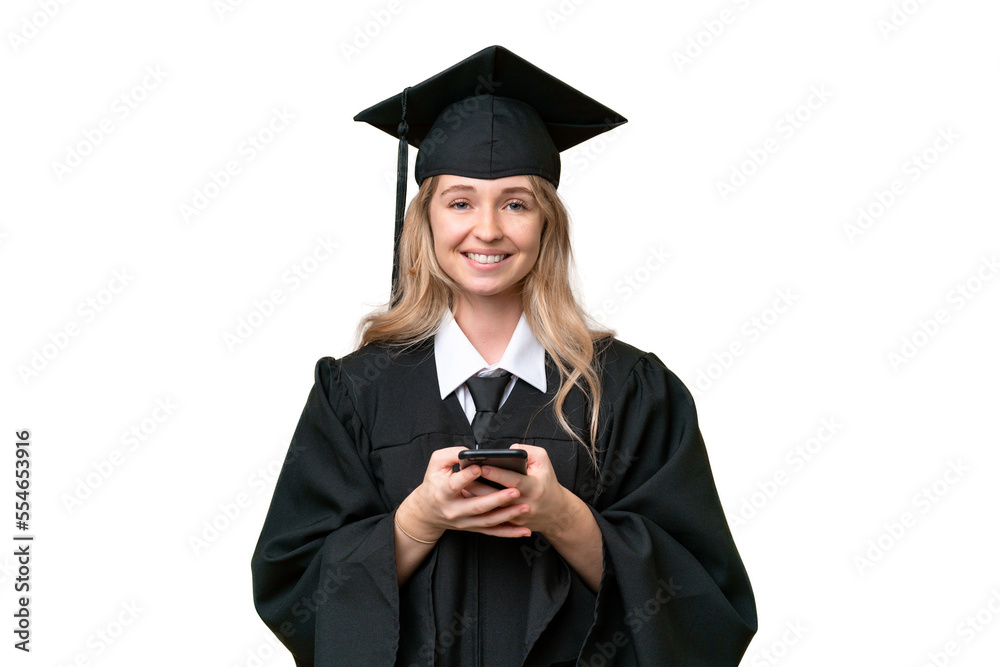 Young university English graduate woman over isolated background sending a message with the mobile Young university English graduate woman over isolated background sending a message with the mobile