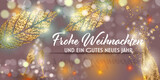 Bokeh und Glitzer Hintergrund mit Lichteffekten. Weihnachts- und Neujahrsgrußkarte - Banner mit goldenen Pflanzen und Auflösungseffekt. Happy New Year!