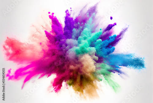 Powder in an abstract  vibrant hue over a white background. colored clouds. Abstract color powder splatters on a white background with a freeze frame of a color powder explosion and a glitter texture