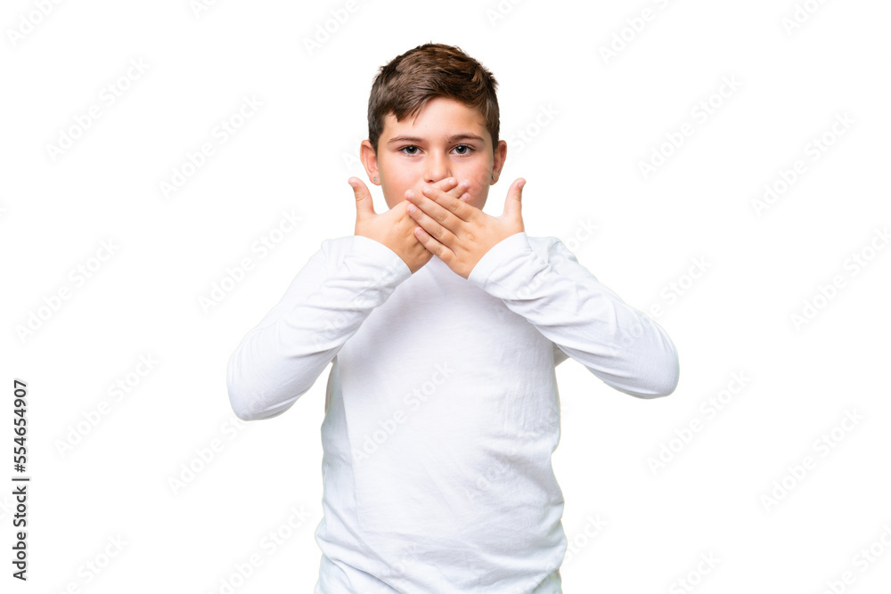 Little caucasian kid over isolated chroma key background covering mouth with hands Little caucasian kid over isolated chroma key background covering mouth with hands